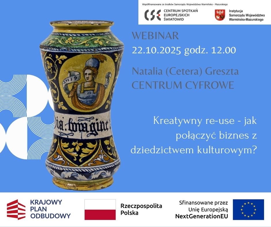 Na niebieskim tle naczynie apteczne z wizerunkiem rzymskiego żołnierza, po prawej stronie data webinaru tytuł i nazwisko osoby prowadzącej. Na dole i na górze, na białym tle logotypy organizatora i dofinansowanie projektu.