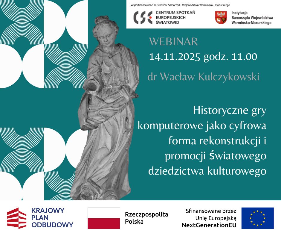Na zielonym tle rzeźbiona postać kobieca bez prawej dłoni, po prawej strony informacja o dacie webinaru, prowadzącym i tytuł webinaru. Na dole i na górze logotypy organizatora i dotyczące dofinansowania projektu.